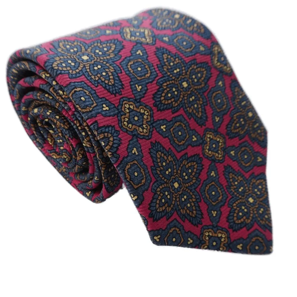 Vintage Burberrys of London Tie Mandala Floral Red Grey Yellow Gold 3.5 wide